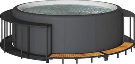 Rafinuota akacijos mediena, atspari atmosferos poveikiui Baseino riba Baseino danga sūkurinei voniai Whirlpool riba su laikymo vieta Mediniai laiptai Juoda polietileno rotango danga