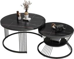 Runde Couchtische mit Marmor-Muster, 2er-Set, mit goldfarbenen Metallbeinen, idealus Wohnzimmer, Schlafzimmer, Büro, Balkon und Wohnungsdekoration.