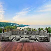 Rytietiška svetainės zona su terasos sofa - marokietiška "sark Kösesi" su sėdimąja pagalvėle ir padėklų pagalvėle