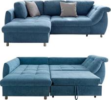 Šiuolaikinė kampinė sofa su miego funkcija ir miegamojo lova, W 250 x D 190 x H 84 cm, bangų atrama su komfortiškomis putomis, L formos sofa, ilgas krėslas, kairėje pusėje, mikropluošto užvalkalas mėlynas, 2 dekoratyvinės pagalvėlės, pilka / 17102