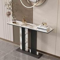 Šiuolaikinis kaimiško stiliaus konsolinis stalas Įėjimas Siauras sofos stalas su geometriniu metaliniu rėmu Stilingi prieškambario baldai Smėlio spalvos apdaila 120 cm ilgio