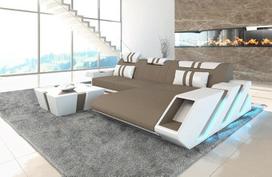 Sofa "Apollonia" L formos medžiaginė sofa su LED apšvietimu, reguliuojamais galvos atlošais, šezlongu / mikropluoštu / galima pasirinkti orientaciją (su dešiniuoju otomanu, Taupe/White C106)