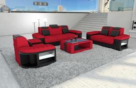Sofa "Bellagio" sofos komplektas 3-2-1 su LED apšvietimu, reguliuojamais galvos atlošais / mikropluoštu (raudona/juoda C134)