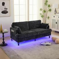 Sofa 2-vietė sofa su USB-C ir LED, sofa lova su šoninėmis kišenėmis ir pagalvėlėmis, šenilinė sofa su medinėmis kojomis, skirta svetainei, miegamajam, juoda