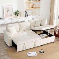 Sofa su miego funkcija, 3 sėdimų vietų sofos-lovos užvalkalas, L formos, su laikymo vieta ir 2 pagalvėlėmis, smėlio spalvos, D 209 x Š 130 x V 84 cm