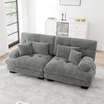 Sofa su miego funkcija, dvivietė sofa, kampinė svetainės sofa, šenilinė dvigulė sofa su 2 juosmens pagalvėlėmis ir 2 dekoratyvinėmis pagalvėlėmis, medžio masyvo rėmas, pilka spalva