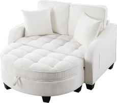 Sofa-lova su miego funkcija ir reguliuojamu atlošu, dvivietė sulankstoma sofa-lova su pusapvaliais kojūgaliais, šoninėmis kišenėmis, kojūgaliais su daiktadėže, 129 x 132 x 93 cm, HNDE202511107 (smėlio spalvos)
