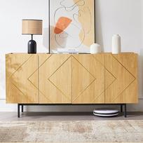 Spintelė Wohnzimmer 160 cm, Komoda Holz su 4 sienelėmis ir metalo intarsijomis, Anrichte mit Stauraum und Verstellbaren Regalen, Buffetschrank Modern, Beistellschrank für Wohnzimmer Esszimmer Flur (Natürlich)