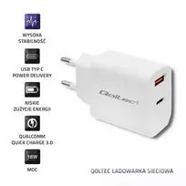 QOLTEC 51714 Įkroviklis 18W 5-12V 1.5-3A USB tipas C PD USB QC 3.0 Baltas