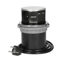 Orno Lizdas Baldų lizdas Ø10cm, ištraukiamas iš stalviršio, su USB įkrovikliu ir 1,5m laidu, 3x2P+Z, 2xUSB, INOX