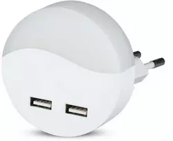 Sieninis šviestuvas 0.5W naktinis šviestuvas V-TAC, 3000K (šiltai balta) su 2xUSB lizdais, apvalus, SAMSUNG LED chip