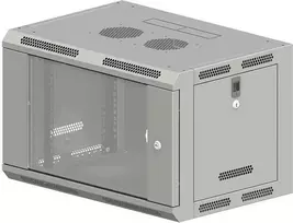 19" 9U 600x500 pakabinama spintelė, nedaloma, vienos sparnos stiklinės durys, pilnas galinis dangtis, perforuoti judantys šoniniai dangčiai, pilka, 4 sijos, PLOKŠČIA PAKUOTĖ ALANTEC