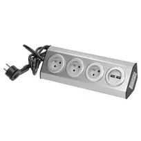 Orno Lizdas Baldai, virtuvės lizdas su USB įkrovikliu, tvirtinamas „Velcro“ juosta su 1,5 m laidu - 3x2P+Z, 2xUSB, INOX su 1,5 m laidu.