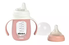 BEABA MOKOMASIS STIKLINIS BUTELIUKAS-GERTUVĖ 2IN1, 210 ML, OLD Rožinis, SILIKONINIAME DĖKLE