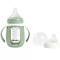 BEABA MOKOMASIS STIKLINIS BUTELIUKAS-GERTUVĖ 2IN1, 210 ML, SAGE Žalias, SILIKONINIAME DĖKLE