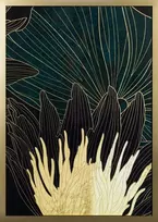 Eurofirany Gėlių sienos meno kūrinys, žalias ir kreminis gėlių motyvas su aukso dekoracija, 53x73 cm įrėminta drobė, dekoratyvinis paveikslas svetainei ar miegamajam, namų interjero detalė