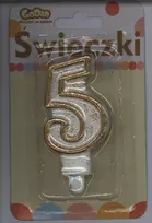 GoDan Žvakė su skaičiumi ir auksiniu apvadu bei blizgučiais - 5 - 1 vnt. universalus