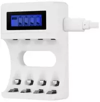 USB baterijų įkroviklis DELTACO 4xAA/AAA Ni-MH/Ni-Cd baterijoms, pridedamos 4x AAA baterijos, baltas / C704A4-4xAAA