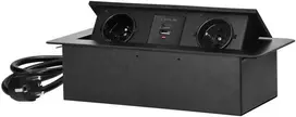 Orno Gniazda Baldų lizdai, įleidžiami į stalviršį, su plokščiu frezuotu kraštu, USB įkrovikliu ir 1,5 m laidu, 2x2P+Z, 2xUSB (A+C tipo; 3,6A), juodos spalvos