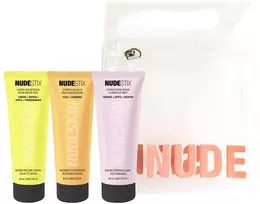 Trijų žingsnių citrusinių vaisių atsinaujinimo rinkinys „Nudestix“: „Lemon-Aid Detox & Glow“ be parabenų šveičiamasis losjonas nuo papilkėjimo, 20 ml + „Nudeskin Citrus-C“ drėkinamoji kreminė veido kaukė, 20 ml + „Nudeskin Citrus“ valomasis balzamas veidui, 20 ml