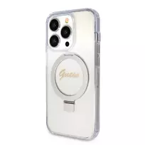 GUESS IML Ring Stand Glitter MagSafe Case for iPhone 15 Pro, Transparent