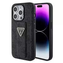 GUESS PU Grip Stand 4G Rhinestone Triangle Metal Logo Case for iPhone 15 Pro Max Black