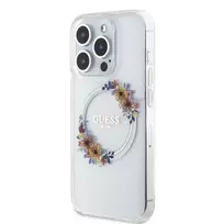 GUESS PC|TPU Flowers Ring Glossy Logo MagSafe Case for iPhone 15 Pro Max, Transparent