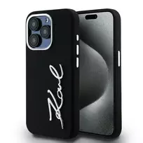 Karl Lagerfeld Silicone Metal Script Logo phone case for iPhone 15 Pro Max, black