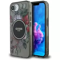 GUESS IML Flowers phone case for iPhone 16e, black, with MagSafe