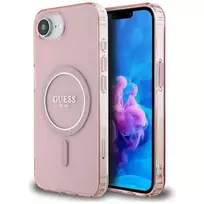 GUESS IML Glitter Circle phone case for iPhone 16e, pink, with MagSafe