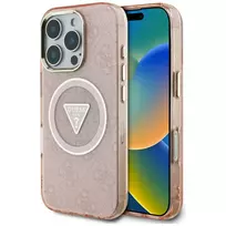 GUESS IML Metal Glitter 4G Circle Triangle phone case for iPhone 16 Pro Max in pink with MagSafe