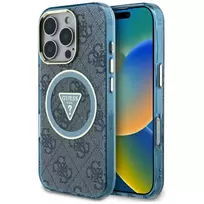 GUESS IML Metal Glitter 4G Circle Triangle phone case for iPhone 16 Pro, blue, with MagSafe