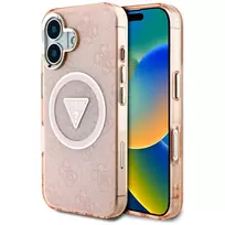 GUESS IML Metal Glitter 4G Circle Triangle phone case for iPhone 16 in pink with MagSafe