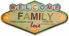 Sieninis šviestuvas TelForceone RETRO Metal Sign LED Welcome Family"Forever" šviesiai