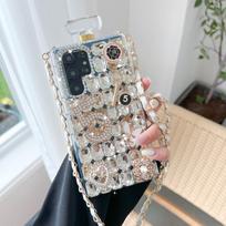 Crossbody Rhinestone kvepalų buteliuko formos telefono dėklas, skirtas Samsung S23 S22 S21 S20 Ultra Note 10 20 Crystal Flowers dangtelis, skirtas iPhone 11 12 13 14 Pro Max For Samsung S23 juoda