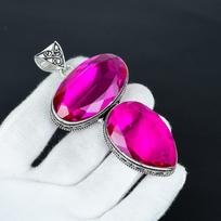Pink Mystic Topaz Giant Size Gemstone Handmade 925 Sterling Silver Jewelry Pendant, Big Size Pendant For Gifts , Double Topaz Gemstone Pendant 2.54" rožinė