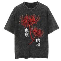 Hot Anime Tokyo Ghoul Red Spider Lily Graphic Washed T Shirt Men Vintage Tshirts Y2k Cotton T-Shirt Harajuku Male Casual Tops 3XL
