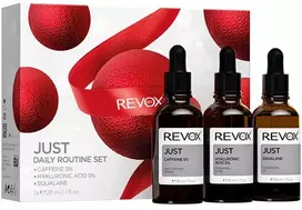 Dienos rutinos rinkinys „Revox B77“: dieninis paakių serumas su kofeinu 5 % nuo tamsių ratilų, 30 ml + drėkinamasis hialurono rūgšties 5 % skystis veidui, 30 ml + drėkinamasis skvalano aliejus veidui, 30 ml