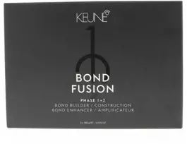 Rinkinys Keune: Bond Fusion Phase 1 plaukų priežiūros losjonas-kaukė Bond Repair, 500 ml + Bond Fusion Phase 2 plaukų priežiūros losjonas-kaukė Bond Enhancer, 500 ml + matavimo puodelis