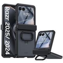 Skirta Motorola Razr 50/60 su integruota ekrano apsauga, žiedo laikikliu, vyrių apsauga, smūgiams atsparus tvirtas dėklas, permatomas matinis dangtelis - Juodas juoda