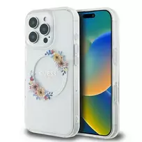 GUESS IPhone 16 Pro 6.3" Clear Transparent Hard Case with IML Flowers Wreath, MagSafe Compatible