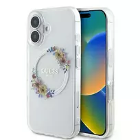 GUESS GUHMP16MHFWFCT iPhone 16 Plus 6.7" Clear | Transparent Hard Case IML Flowers Wreath MagSafe