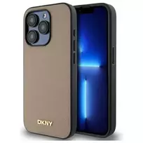 DKNY DKHMP15LPGHLME iPhone 15 Pro 6.1" beige hardcase with Grained Metal Logo and MagSafe