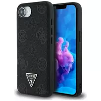 GUESS Grained pink Stamp Peony Triangle Logo iPhone 16e black phone case with MagSafe