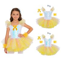 Girls Ballet Tutu Dress Ruffled Sleeves Sparkling Sequins Bodice Layered Tulle Headwear Cuffs Bow Brooch 3-4 Years geltona