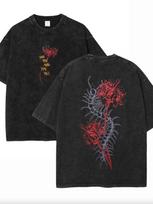 Unisexs washed streetwear Tshirt with red and purple floral pattern and numbers on the front and back pure cotton washed L brown