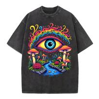 Retro Trippy Mushroom Eye Tshirt Men Women Washed Black Oversized Tee Casual Streetwear Psychedelic Graphic Tops S