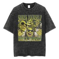 Funny Shrek Yourself Wreck Yourself Meme T Shirts Mens Clothing Vintage Washed Tshirt Casual Comfort Cotton T Shirt Streetwear S