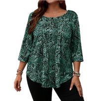 Women’s Print Blouse with 3/4 Sleeves Scoop Neck Loose Fit Pullover Top for Casual Office Wear XXL tamsiai žalia spalva