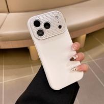 Apple iPhone Anti-slip 17 Pro Max Case: Full Coverage Rhinestone Lens & Solid Color Protective Case for iPhone 16-14. iPhone 14 Pro dramblio kaulo baltumo spalva